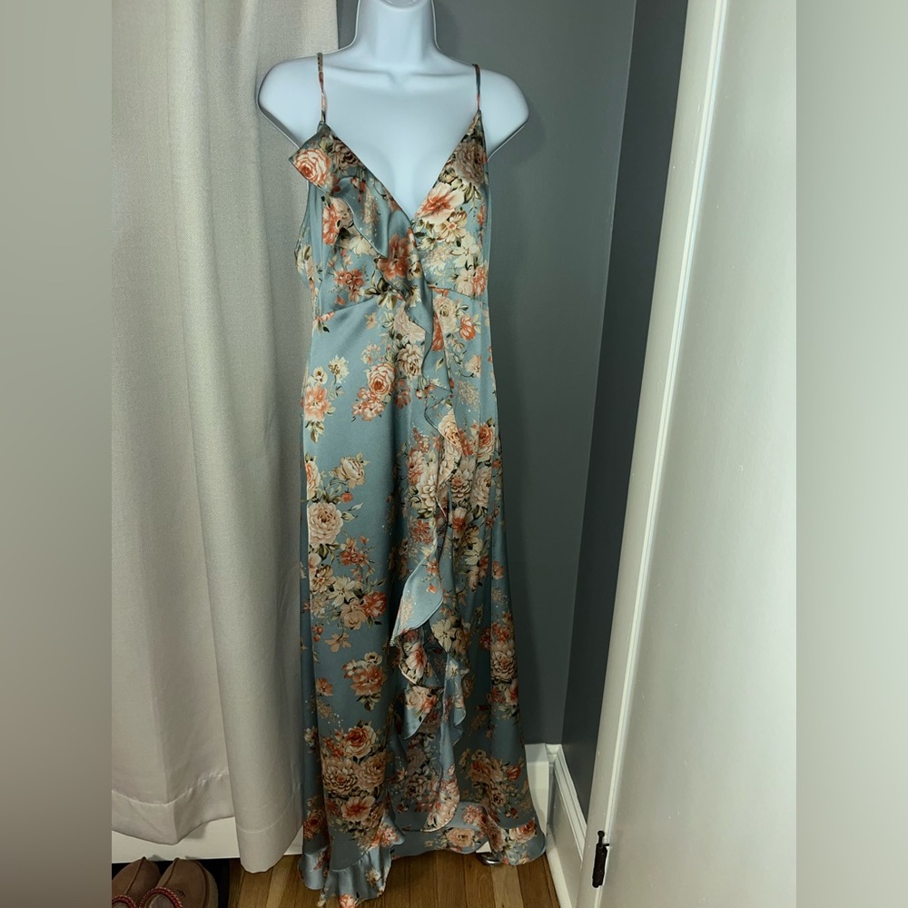 floral satin high low maxi dress